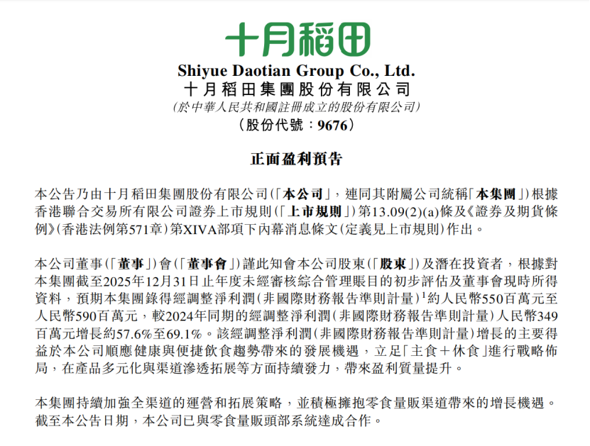十月稻田预计2025年经调整净利润为5.5亿元至5.9亿元