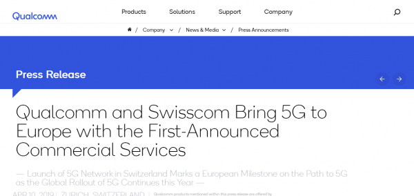 高通与瑞士电信宣布在欧洲推首个5G商用服务