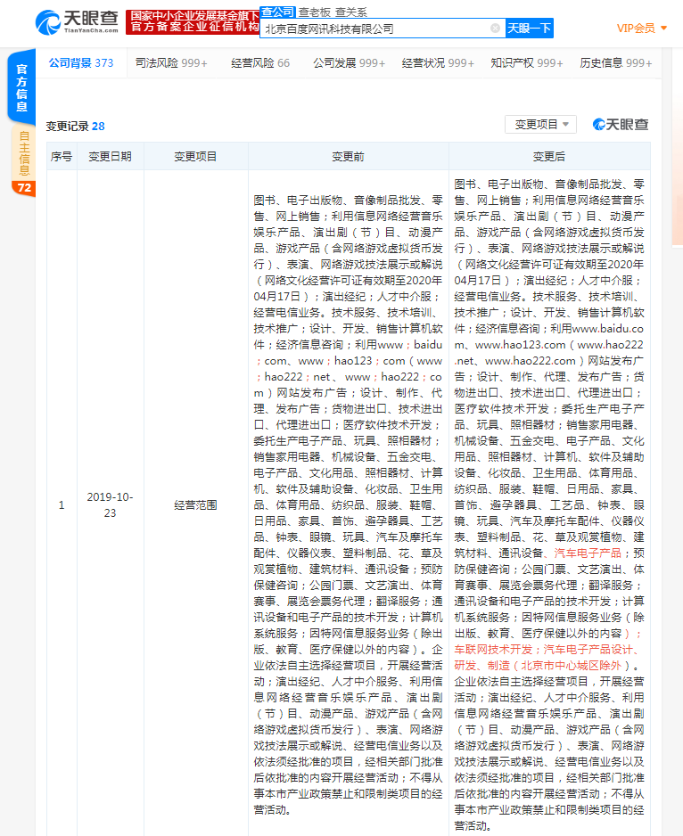 百度经营范围新增多个汽车类目：含车联网技术开发等