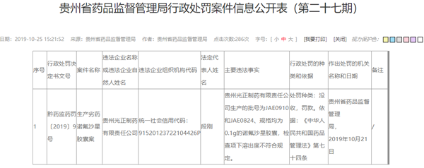 贵州光正制药2批次“诺氟沙星胶囊”抽检不合格被罚23万 回应称“或是销售企业在流通等过程中不规范所引起”