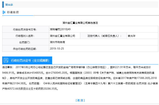 保集控股集团湖州子公司因少缴房产税被处罚